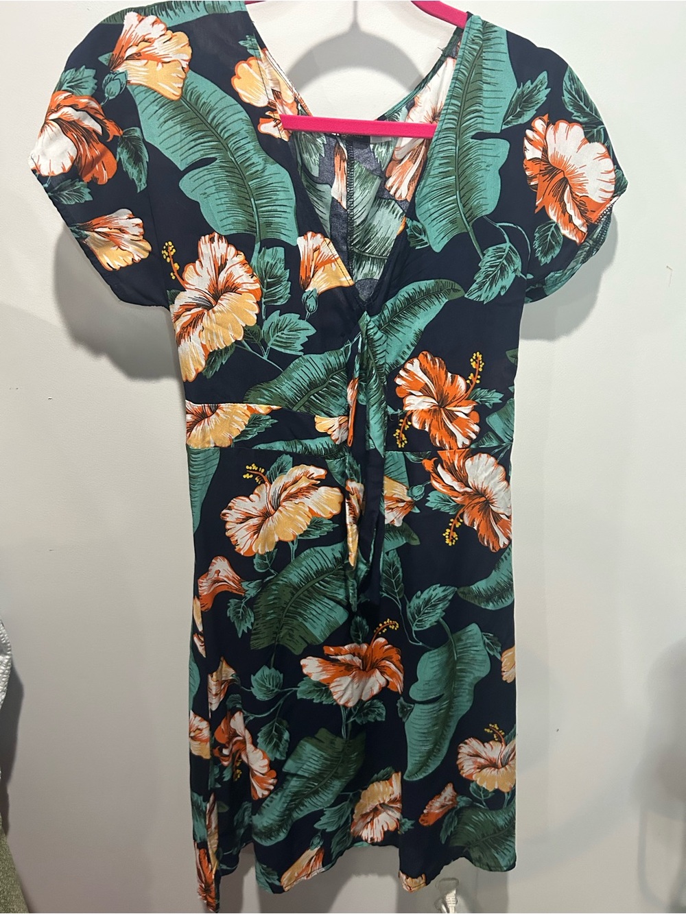 Floral Tropical V-Neck Women’s Dress in Navy and Green